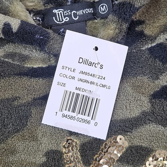 NWT Miss Chievous Camo Fleece Sequin Gold Reindeer Hoodie Sweatshirt‎ Medium - Picture 2 of 7